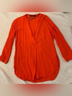 Zara Bright Orange V-Neck Long Sleeve Blouse